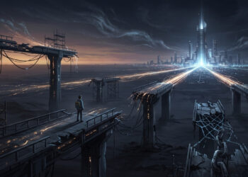 Una ilustración digital cifi-futurista a gran escala que representa un paisaje de red desconectado y desolado. En el primer plano a la izquierda, una figura solitaria de espaldas, con una mochila, está parada en el borde de un puente de concreto colapsado y roto, mirando hacia el horizonte. Varios puentes y pasos elevados paralelos también están rotos en el medio y primer plano, con cables de datos y electricidad colgando y deshilachados. Un puente a la derecha muestra una red de alambres y una cadena rota. A lo lejos, en el horizonte oscuro y nublado, brilla una metrópolis futurista brillante con una torre central alta que irradia luz azul brillante hacia el cielo. Senderos de datos de luz fluyen de la ciudad hacia el primer plano, pero se disipan en la oscuridad del páramo desolado. El cielo tiene flujos de código desvaneciéndose en las nubes, transmitiendo una sensación de desconexión de red y abandono de infraestructura.