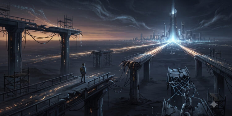 Una ilustración digital cifi-futurista a gran escala que representa un paisaje de red desconectado y desolado. En el primer plano a la izquierda, una figura solitaria de espaldas, con una mochila, está parada en el borde de un puente de concreto colapsado y roto, mirando hacia el horizonte. Varios puentes y pasos elevados paralelos también están rotos en el medio y primer plano, con cables de datos y electricidad colgando y deshilachados. Un puente a la derecha muestra una red de alambres y una cadena rota. A lo lejos, en el horizonte oscuro y nublado, brilla una metrópolis futurista brillante con una torre central alta que irradia luz azul brillante hacia el cielo. Senderos de datos de luz fluyen de la ciudad hacia el primer plano, pero se disipan en la oscuridad del páramo desolado. El cielo tiene flujos de código desvaneciéndose en las nubes, transmitiendo una sensación de desconexión de red y abandono de infraestructura.
