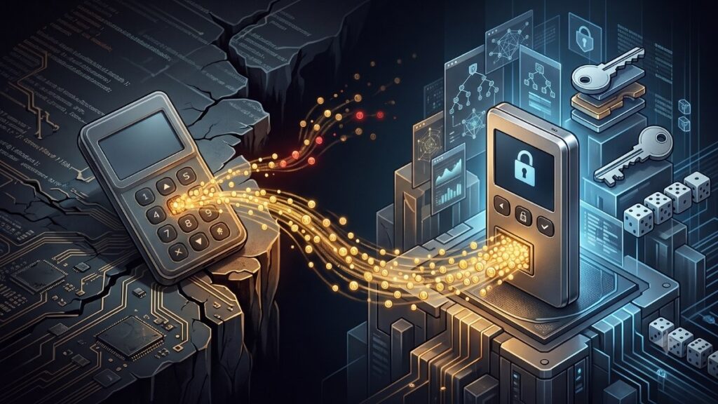 Ilustración isométrica que muestra la migración de fondos de criptomonedas desde una hardware wallet antigua y vulnerable (sin etiquetas legibles) hacia una nueva cartera de hardware segura, con orbes de datos dorados y pérdida simbolizada.