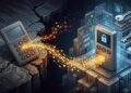 Ilustración isométrica que muestra la migración de fondos de criptomonedas desde una hardware wallet antigua y vulnerable (sin etiquetas legibles) hacia una nueva cartera de hardware segura, con orbes de datos dorados y pérdida simbolizada.