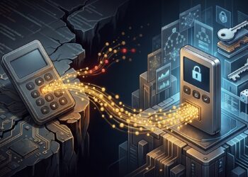 Ilustración isométrica que muestra la migración de fondos de criptomonedas desde una hardware wallet antigua y vulnerable (sin etiquetas legibles) hacia una nueva cartera de hardware segura, con orbes de datos dorados y pérdida simbolizada.