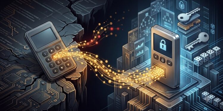 Ilustración isométrica que muestra la migración de fondos de criptomonedas desde una hardware wallet antigua y vulnerable (sin etiquetas legibles) hacia una nueva cartera de hardware segura, con orbes de datos dorados y pérdida simbolizada.