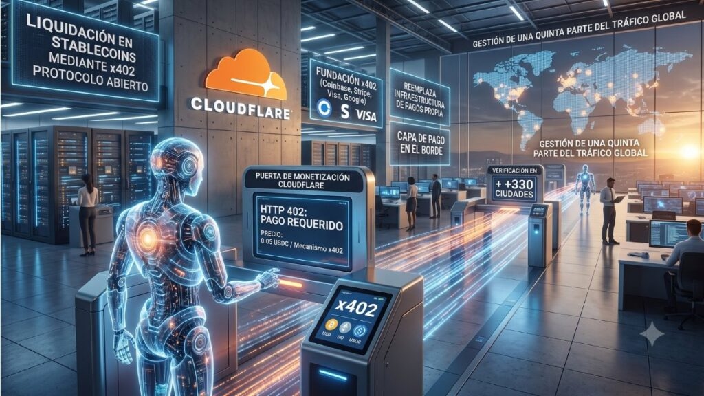 Escena futurista de un centro de datos de alta tecnología. En la pared principal destaca el logotipo naranja y blanco de Cloudflare. En primer plano, una figura humanoide translúcida y brillante, que representa a un agente de inteligencia artificial, interactúa con un terminal de acceso o pasarela de pago digital. La pantalla del dispositivo muestra el texto 'HTTP 402: PAGO REQUERIDO' y hace referencia al protocolo x402. Del terminal surgen haces de luz brillantes en tonos azules y naranjas que fluyen por la habitación, simulando el procesamiento rápido de datos y transacciones. En el entorno y en pantallas holográficas suspendidas, se observan paneles con textos como 'Liquidación en stablecoins mediante x402', 'Fundación x402' y un mapa global que ilustra la gestión del tráfico, mientras algunas personas al fondo trabajan en estaciones de monitoreo.