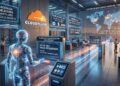 Escena futurista de un centro de datos de alta tecnología. En la pared principal destaca el logotipo naranja y blanco de Cloudflare. En primer plano, una figura humanoide translúcida y brillante, que representa a un agente de inteligencia artificial, interactúa con un terminal de acceso o pasarela de pago digital. La pantalla del dispositivo muestra el texto 'HTTP 402: PAGO REQUERIDO' y hace referencia al protocolo x402. Del terminal surgen haces de luz brillantes en tonos azules y naranjas que fluyen por la habitación, simulando el procesamiento rápido de datos y transacciones. En el entorno y en pantallas holográficas suspendidas, se observan paneles con textos como 'Liquidación en stablecoins mediante x402', 'Fundación x402' y un mapa global que ilustra la gestión del tráfico, mientras algunas personas al fondo trabajan en estaciones de monitoreo.