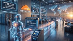 Escena futurista de un centro de datos de alta tecnología. En la pared principal destaca el logotipo naranja y blanco de Cloudflare. En primer plano, una figura humanoide translúcida y brillante, que representa a un agente de inteligencia artificial, interactúa con un terminal de acceso o pasarela de pago digital. La pantalla del dispositivo muestra el texto 'HTTP 402: PAGO REQUERIDO' y hace referencia al protocolo x402. Del terminal surgen haces de luz brillantes en tonos azules y naranjas que fluyen por la habitación, simulando el procesamiento rápido de datos y transacciones. En el entorno y en pantallas holográficas suspendidas, se observan paneles con textos como 'Liquidación en stablecoins mediante x402', 'Fundación x402' y un mapa global que ilustra la gestión del tráfico, mientras algunas personas al fondo trabajan en estaciones de monitoreo.