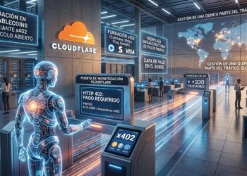 Escena futurista de un centro de datos de alta tecnología. En la pared principal destaca el logotipo naranja y blanco de Cloudflare. En primer plano, una figura humanoide translúcida y brillante, que representa a un agente de inteligencia artificial, interactúa con un terminal de acceso o pasarela de pago digital. La pantalla del dispositivo muestra el texto 'HTTP 402: PAGO REQUERIDO' y hace referencia al protocolo x402. Del terminal surgen haces de luz brillantes en tonos azules y naranjas que fluyen por la habitación, simulando el procesamiento rápido de datos y transacciones. En el entorno y en pantallas holográficas suspendidas, se observan paneles con textos como 'Liquidación en stablecoins mediante x402', 'Fundación x402' y un mapa global que ilustra la gestión del tráfico, mientras algunas personas al fondo trabajan en estaciones de monitoreo.