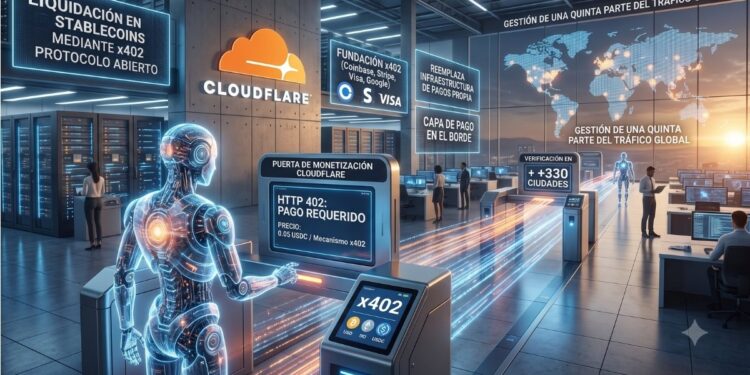 Escena futurista de un centro de datos de alta tecnología. En la pared principal destaca el logotipo naranja y blanco de Cloudflare. En primer plano, una figura humanoide translúcida y brillante, que representa a un agente de inteligencia artificial, interactúa con un terminal de acceso o pasarela de pago digital. La pantalla del dispositivo muestra el texto 'HTTP 402: PAGO REQUERIDO' y hace referencia al protocolo x402. Del terminal surgen haces de luz brillantes en tonos azules y naranjas que fluyen por la habitación, simulando el procesamiento rápido de datos y transacciones. En el entorno y en pantallas holográficas suspendidas, se observan paneles con textos como 'Liquidación en stablecoins mediante x402', 'Fundación x402' y un mapa global que ilustra la gestión del tráfico, mientras algunas personas al fondo trabajan en estaciones de monitoreo.