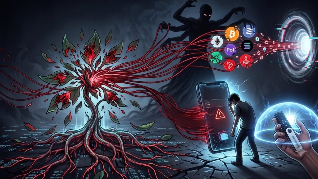 Ilustración digital conceptual sobre un ciberataque a criptomonedas. A la izquierda, una planta oscura con raíces y venas rojas brillantes, simbolizando una "frase semilla" vulnerable, extiende tentáculos que atrapan logotipos de diversas criptomonedas como Bitcoin y Ethereum. En el fondo, una figura sombría con múltiples brazos dirige estas monedas hacia un vórtice o portal digital. En la parte inferior derecha, una silueta humana se lamenta frente a un teléfono móvil gigante con la pantalla rota que muestra una alerta de peligro. En contraste, en el primer plano derecho, una mano sostiene una billetera de hardware (hardware wallet) que está a salvo bajo un escudo protector de energía azul.