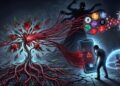 Ilustración digital conceptual sobre un ciberataque a criptomonedas. A la izquierda, una planta oscura con raíces y venas rojas brillantes, simbolizando una "frase semilla" vulnerable, extiende tentáculos que atrapan logotipos de diversas criptomonedas como Bitcoin y Ethereum. En el fondo, una figura sombría con múltiples brazos dirige estas monedas hacia un vórtice o portal digital. En la parte inferior derecha, una silueta humana se lamenta frente a un teléfono móvil gigante con la pantalla rota que muestra una alerta de peligro. En contraste, en el primer plano derecho, una mano sostiene una billetera de hardware (hardware wallet) que está a salvo bajo un escudo protector de energía azul.