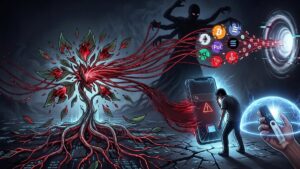 Ilustración digital conceptual sobre un ciberataque a criptomonedas. A la izquierda, una planta oscura con raíces y venas rojas brillantes, simbolizando una "frase semilla" vulnerable, extiende tentáculos que atrapan logotipos de diversas criptomonedas como Bitcoin y Ethereum. En el fondo, una figura sombría con múltiples brazos dirige estas monedas hacia un vórtice o portal digital. En la parte inferior derecha, una silueta humana se lamenta frente a un teléfono móvil gigante con la pantalla rota que muestra una alerta de peligro. En contraste, en el primer plano derecho, una mano sostiene una billetera de hardware (hardware wallet) que está a salvo bajo un escudo protector de energía azul.