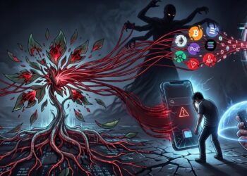 Ilustración digital conceptual sobre un ciberataque a criptomonedas. A la izquierda, una planta oscura con raíces y venas rojas brillantes, simbolizando una "frase semilla" vulnerable, extiende tentáculos que atrapan logotipos de diversas criptomonedas como Bitcoin y Ethereum. En el fondo, una figura sombría con múltiples brazos dirige estas monedas hacia un vórtice o portal digital. En la parte inferior derecha, una silueta humana se lamenta frente a un teléfono móvil gigante con la pantalla rota que muestra una alerta de peligro. En contraste, en el primer plano derecho, una mano sostiene una billetera de hardware (hardware wallet) que está a salvo bajo un escudo protector de energía azul.