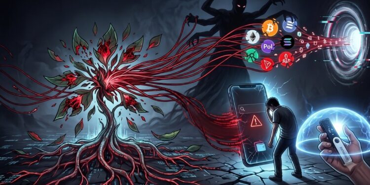 Ilustración digital conceptual sobre un ciberataque a criptomonedas. A la izquierda, una planta oscura con raíces y venas rojas brillantes, simbolizando una "frase semilla" vulnerable, extiende tentáculos que atrapan logotipos de diversas criptomonedas como Bitcoin y Ethereum. En el fondo, una figura sombría con múltiples brazos dirige estas monedas hacia un vórtice o portal digital. En la parte inferior derecha, una silueta humana se lamenta frente a un teléfono móvil gigante con la pantalla rota que muestra una alerta de peligro. En contraste, en el primer plano derecho, una mano sostiene una billetera de hardware (hardware wallet) que está a salvo bajo un escudo protector de energía azul.
