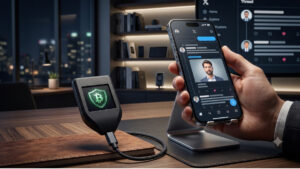 Una toma de primer plano en un entorno de oficina ejecutiva moderna y nocturna. A la izquierda, un dispositivo de seguridad de hardware de criptomonedas negro y anguloso está conectado por un cable USB trenzado. Su pequeña pantalla muestra un escudo verde brillante con un símbolo de Bitcoin (₿) en el centro, descansando sobre un bloc de notas de cuero marrón. A la derecha, la mano de un hombre con traje sostiene un smartphone negro apoyado en un soporte de metal plateado. La pantalla del teléfono muestra la interfaz de la aplicación "X", con la foto de perfil del hombre, un feed de publicaciones y opciones de navegación. En el fondo borroso, se ve un horizonte urbano nocturno a través de ventanas y estanterías de oficina integradas.