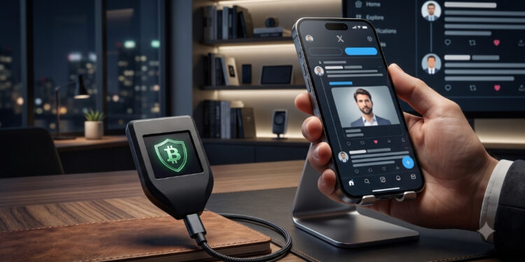 Una toma de primer plano en un entorno de oficina ejecutiva moderna y nocturna. A la izquierda, un dispositivo de seguridad de hardware de criptomonedas negro y anguloso está conectado por un cable USB trenzado. Su pequeña pantalla muestra un escudo verde brillante con un símbolo de Bitcoin (₿) en el centro, descansando sobre un bloc de notas de cuero marrón. A la derecha, la mano de un hombre con traje sostiene un smartphone negro apoyado en un soporte de metal plateado. La pantalla del teléfono muestra la interfaz de la aplicación "X", con la foto de perfil del hombre, un feed de publicaciones y opciones de navegación. En el fondo borroso, se ve un horizonte urbano nocturno a través de ventanas y estanterías de oficina integradas.