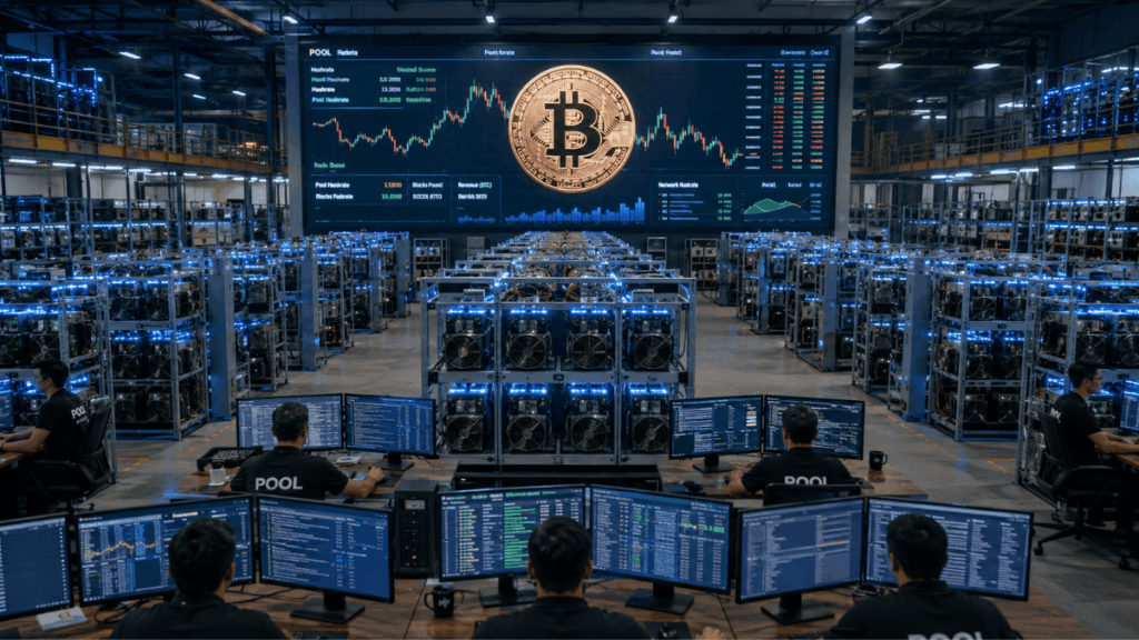 Mineros de Bitcoin operando en un centro de cómputo de minería.