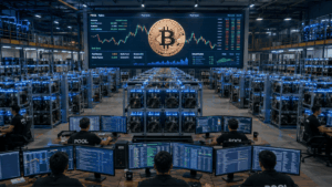 Mineros de Bitcoin operando en un centro de cómputo de minería.