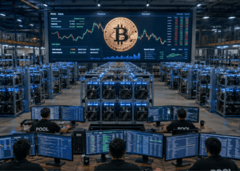 Mineros de Bitcoin operando en un centro de cómputo de minería.