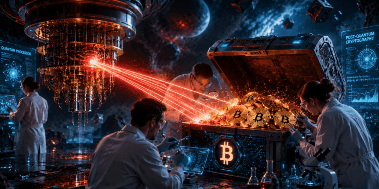 Científicos trabajando en Bitcoin y computación cuántica.
