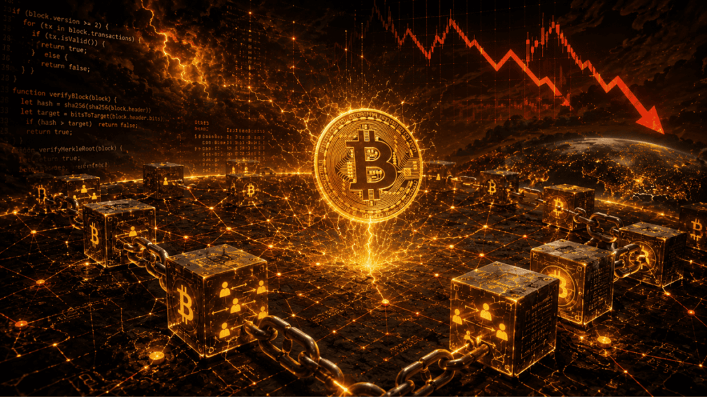 Una moneda de Bitcoin con bloques de la red procesando transacciones.