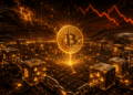 Una moneda de Bitcoin con bloques de la red procesando transacciones.
