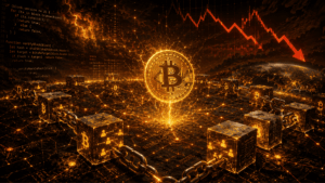 Una moneda de Bitcoin con bloques de la red procesando transacciones.