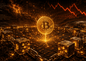 Una moneda de Bitcoin con bloques de la red procesando transacciones.
