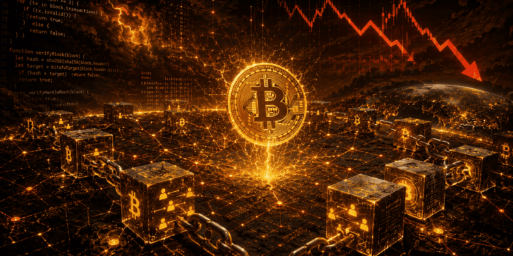 Una moneda de Bitcoin con bloques de la red procesando transacciones.