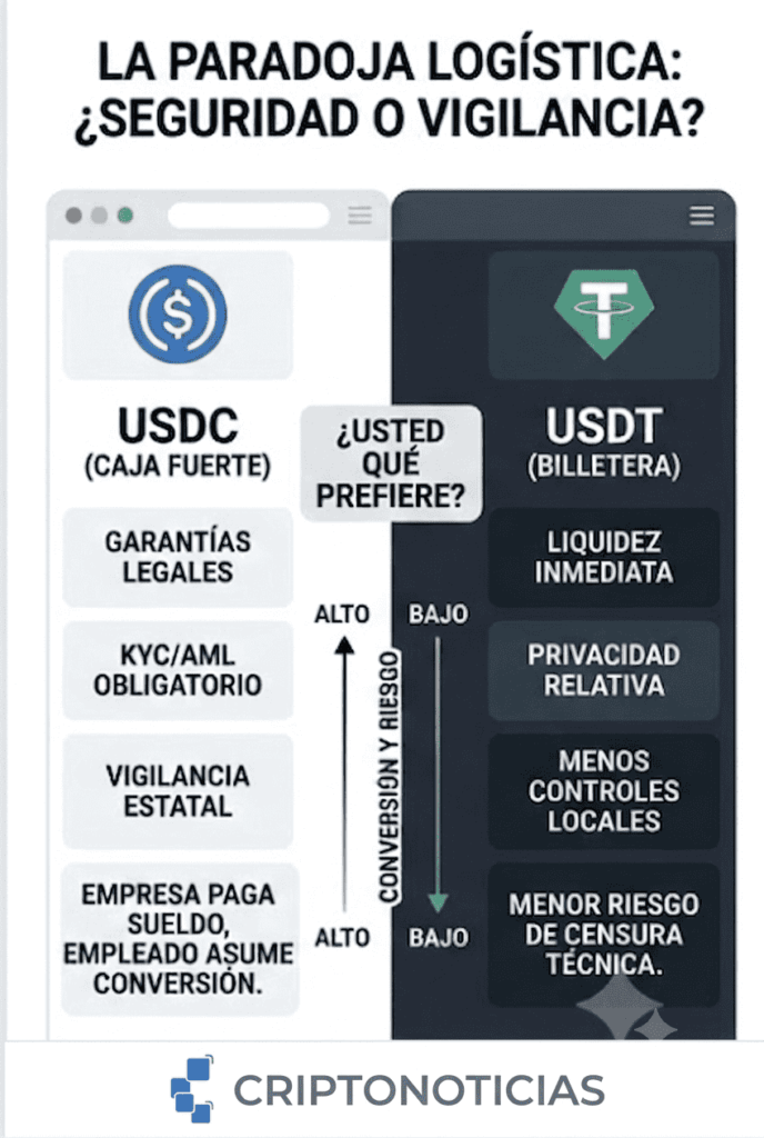 Una imagen de una caja fuerte de metal con un candado y un cartel que dice 'USDC' junto a una billetera de cuero con un cartel que dice 'USDT'. Ambas están rodeadas de signos de interrogación y flechas que apuntan en diferentes direcciones.