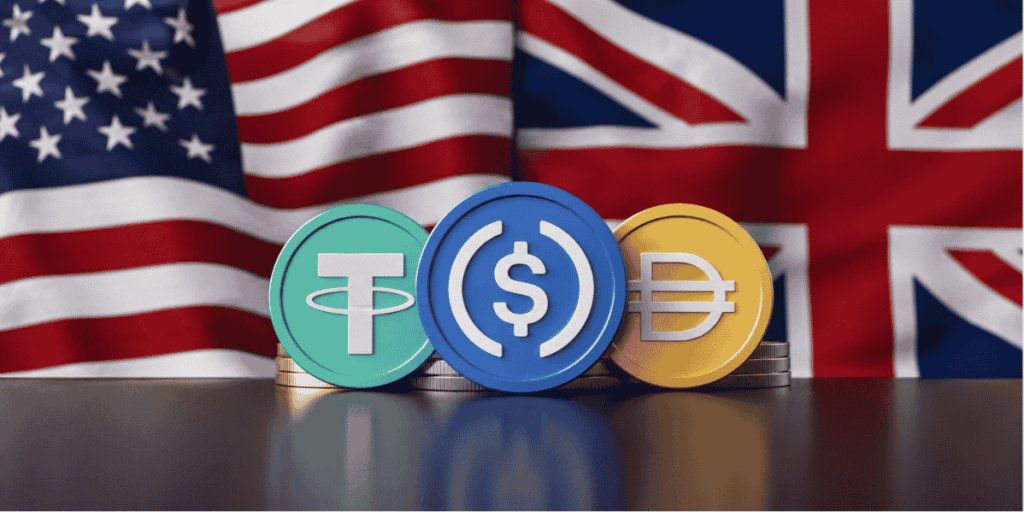 Bandera de los países involucrados. Stablecoins en el medio.
