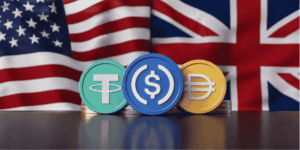 Bandera de los países involucrados. Stablecoins en el medio.