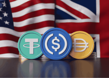 Bandera de los países involucrados. Stablecoins en el medio.