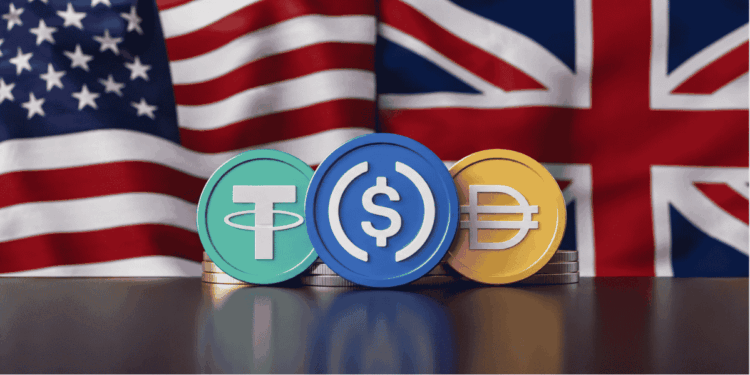 Bandera de los países involucrados. Stablecoins en el medio.