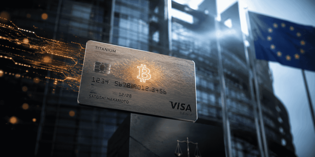 Tarjeta de crédito moderna con circuitos brillantes en primer plano sobre un fondo difuminado de arquitectura gubernamental europea, simbolizando la tensión entre el uso de criptoactivos y la nueva regulación financiera en la Unión Europea.