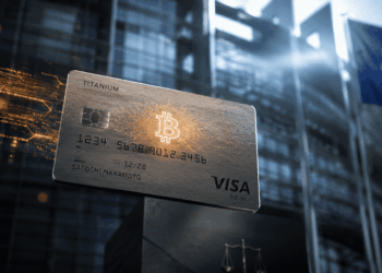 Tarjeta de crédito moderna con circuitos brillantes en primer plano sobre un fondo difuminado de arquitectura gubernamental europea, simbolizando la tensión entre el uso de criptoactivos y la nueva regulación financiera en la Unión Europea.