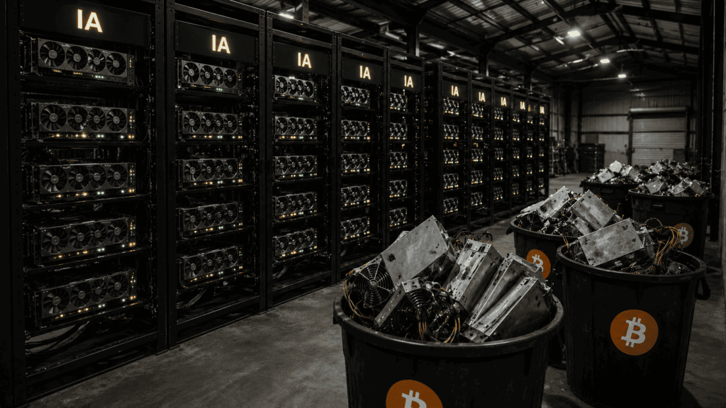 Un centro de datos con racks de GPU para la minería y ASIC de Bitcoin.