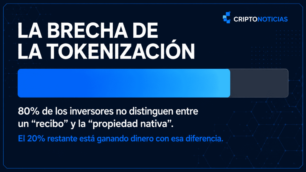 Infografía de Criptonoticias sobre la brecha de conocimiento en tokenización. Barra de progreso que muestra que el 80% de los inversores confunde el modelo de 'recibo digital' (activo custodiado fuera de la cadena) con la 'propiedad nativa' (token como título de propiedad legal). El 20% que entiende la diferencia está capitalizando esa ventaja en el mercado financiero.