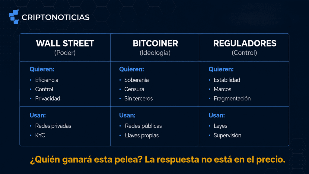 Infografía comparativa de Criptonoticias con tres columnas: Wall Street (Poder), Bitcoiner (Ideología) y Reguladores (Control). Cada columna muestra qué quieren (eficiencia, soberanía, estabilidad) y qué usan (redes privadas, redes públicas, leyes). Frase final: '¿Quién ganará esta pelea? La respuesta no está en el precio.'
