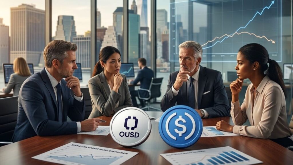 Estrategas de Wall Street en una oficina analizando gráficos financieros sobre una mesa donde destacan las monedas de OUSD y USDC.