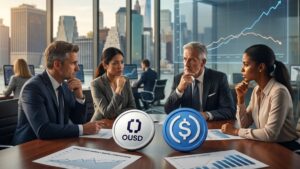 Estrategas de Wall Street en una oficina analizando gráficos financieros sobre una mesa donde destacan las monedas de OUSD y USDC.