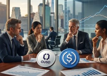 Estrategas de Wall Street en una oficina analizando gráficos financieros sobre una mesa donde destacan las monedas de OUSD y USDC.