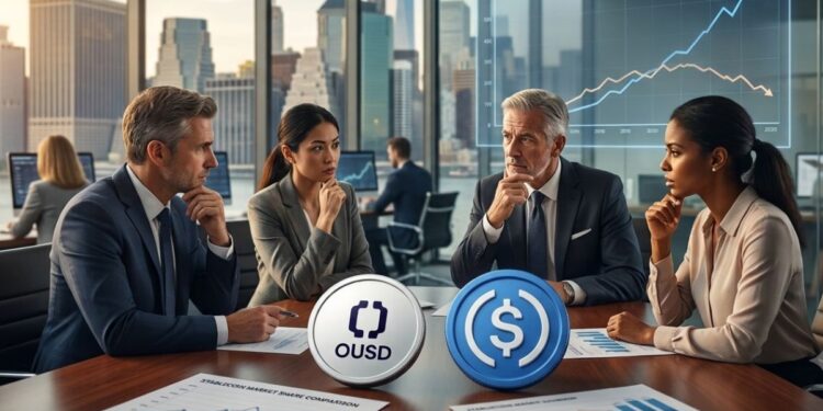 Estrategas de Wall Street en una oficina analizando gráficos financieros sobre una mesa donde destacan las monedas de OUSD y USDC.