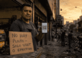 Fotografía de estilo documental que muestra el mostrador de un comercio en Caracas tras un sismo. En primer plano, unas manos sostienen un teléfono celular que muestra un código QR de pago digital. Al lado, un cartel de cartón escrito a mano dice "NO HAY PUNTO - SOLO USDT O EFECTIVO" junto a una planta eléctrica portátil. Al fondo, una calle de Chacao a oscuras durante el atardecer con siluetas de personas removiendo escombros.