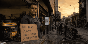 Fotografía de estilo documental que muestra el mostrador de un comercio en Caracas tras un sismo. En primer plano, unas manos sostienen un teléfono celular que muestra un código QR de pago digital. Al lado, un cartel de cartón escrito a mano dice "NO HAY PUNTO - SOLO USDT O EFECTIVO" junto a una planta eléctrica portátil. Al fondo, una calle de Chacao a oscuras durante el atardecer con siluetas de personas removiendo escombros.