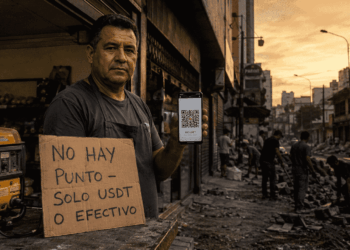 Fotografía de estilo documental que muestra el mostrador de un comercio en Caracas tras un sismo. En primer plano, unas manos sostienen un teléfono celular que muestra un código QR de pago digital. Al lado, un cartel de cartón escrito a mano dice "NO HAY PUNTO - SOLO USDT O EFECTIVO" junto a una planta eléctrica portátil. Al fondo, una calle de Chacao a oscuras durante el atardecer con siluetas de personas removiendo escombros.