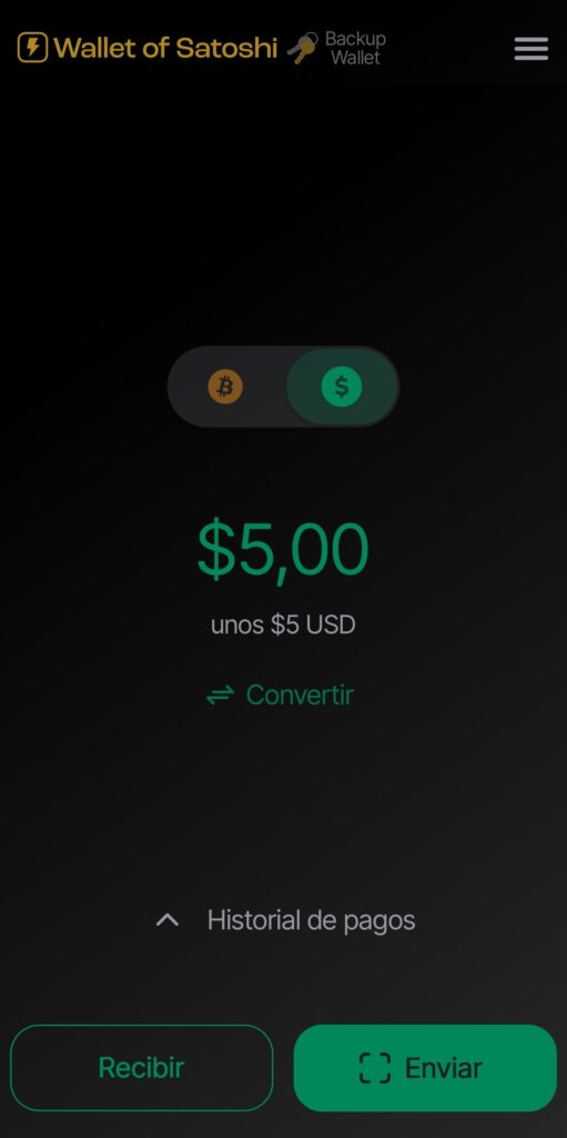 Interfaz de la app Wallet of Satoshi.