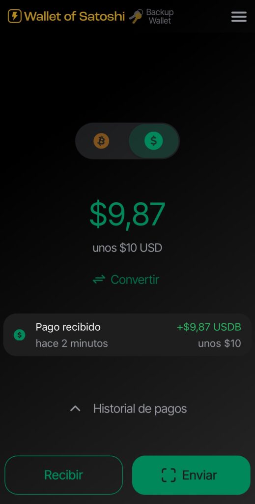 Interfaz de la app Wallet of Satoshi con saldo en USDB.