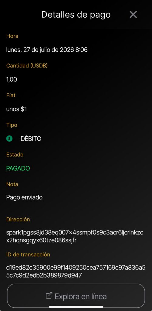 Confirmación de una transacción de la stablecoin USDB en Wallet of Satoshi.