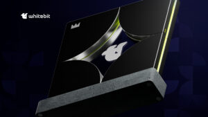 Promocional del Programa VIP de Whitebit, con un trofeo Whitebit en el centro