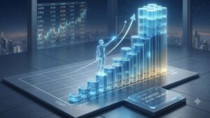 Gráfico holográfico en 3D que muestra un crecimiento del 100% en acciones tokenizadas.