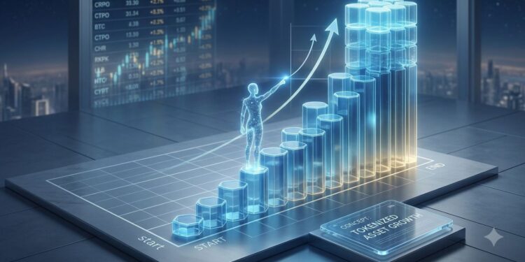 Gráfico holográfico en 3D que muestra un crecimiento del 100% en acciones tokenizadas.